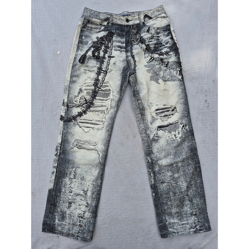 Decibel Mens Distressed Graphic Jeans 36x34 Punk Skull Chain Acid Wash Denim